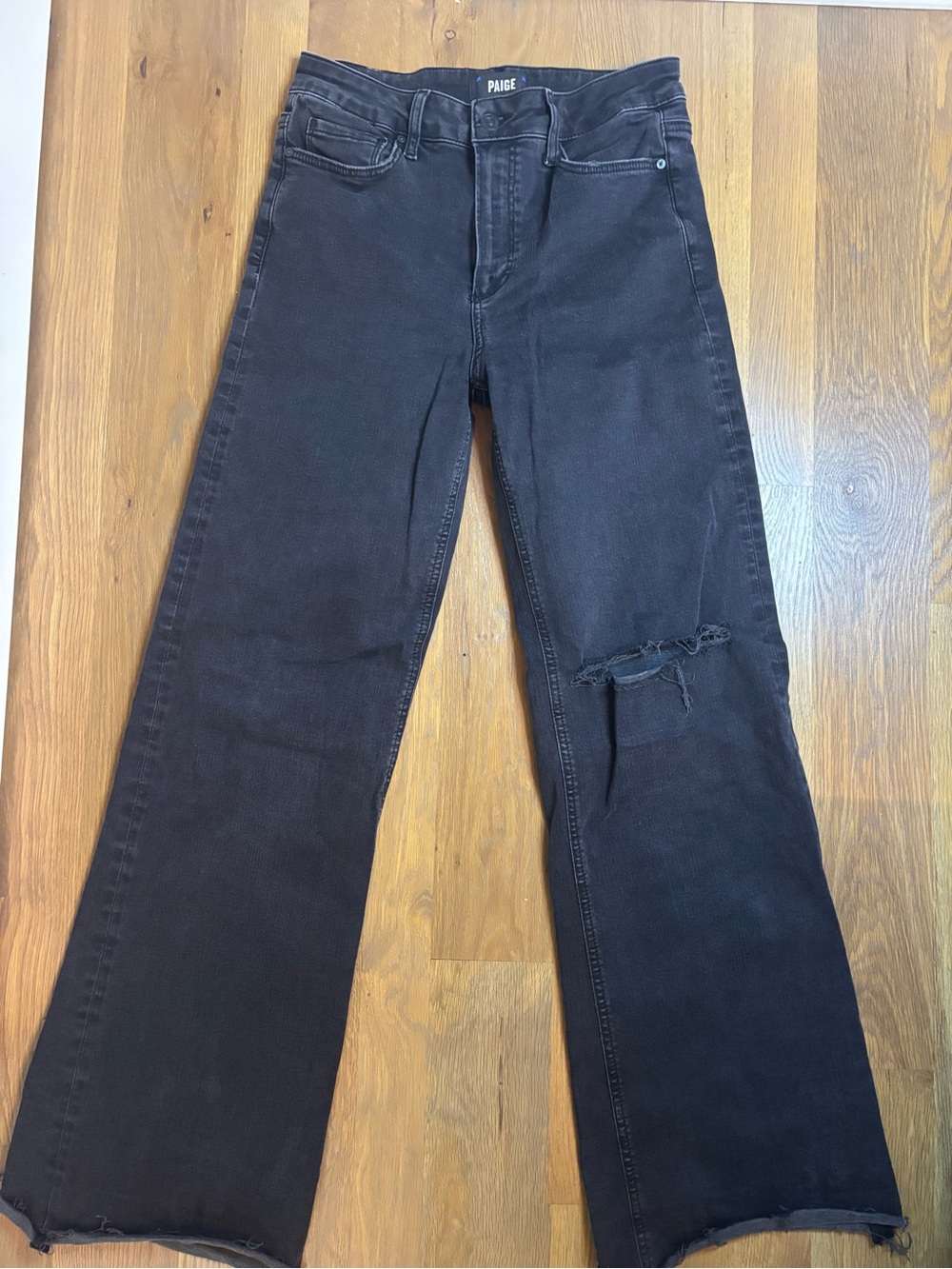 PAIGE Black Wide-Leg Jeans with Distressed Knee